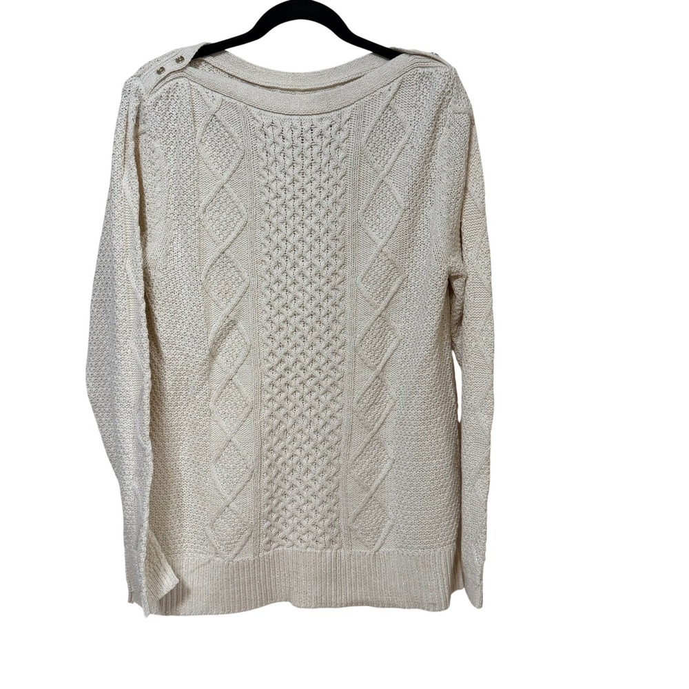 Lands End Womens Cream Metallic Cable Knit Boat Neck Shoulder Button Sweater L